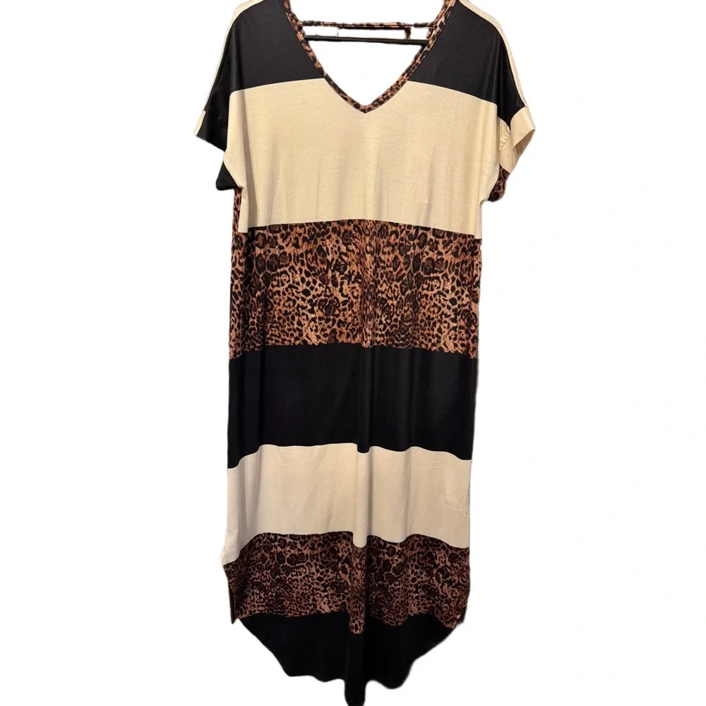 LuLaRoe Macy V-Veck Cream and Black Maxi Dress with Leopard Accents NWT Size M - Picture 7 of 7